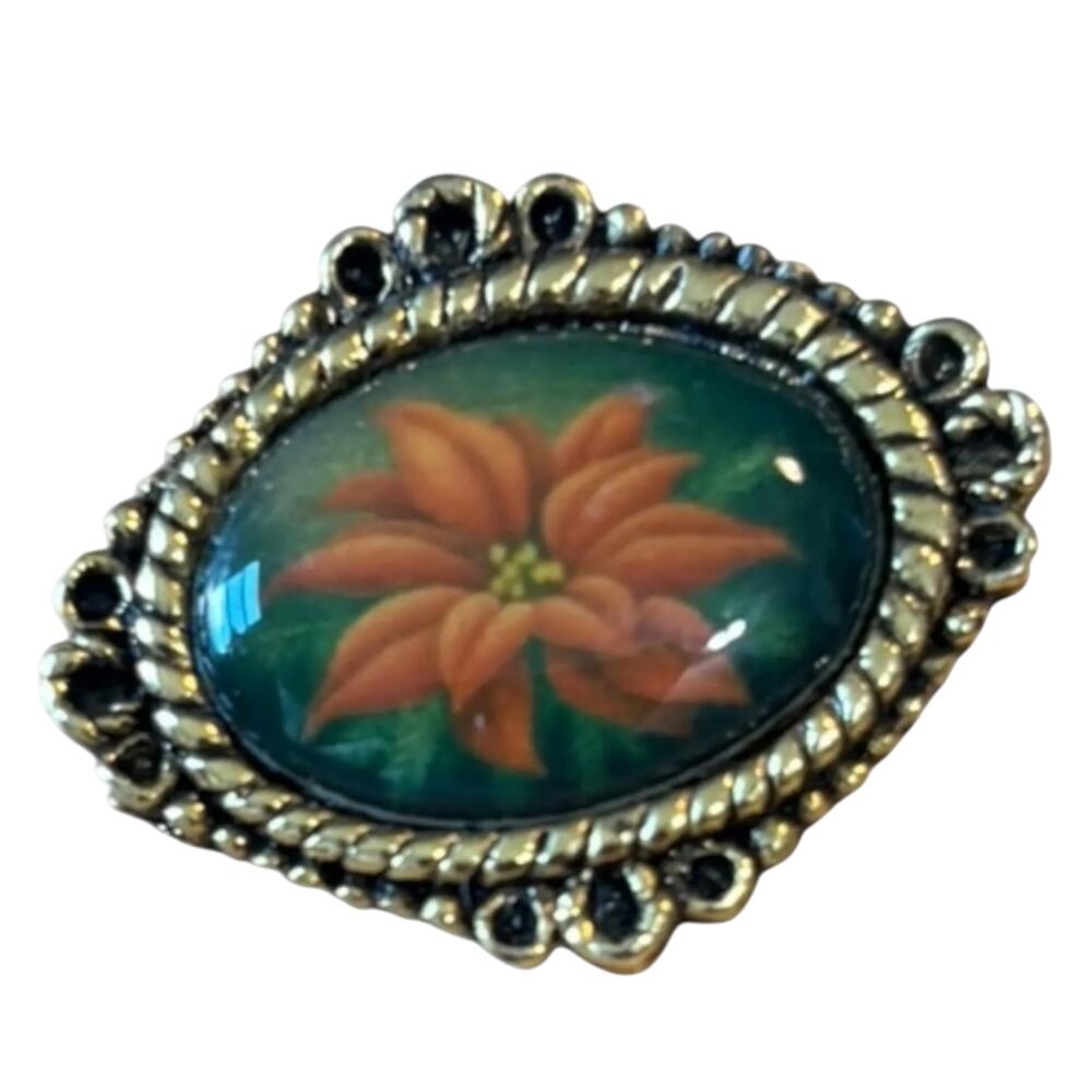 Vintage CAMCO Cameo Brooch Hand Painted Flower Glass Cabochon Religious Quote